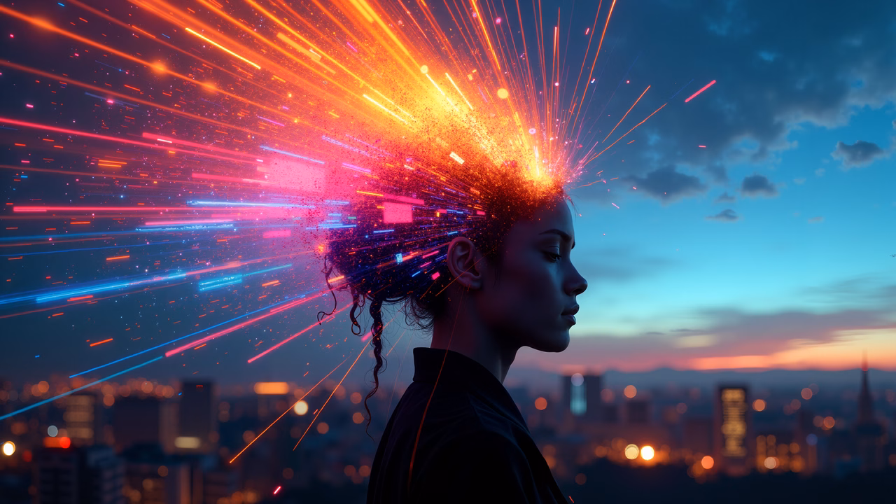 Vibrant neon lights burst from a woman's hair against a cityscape at dusk.