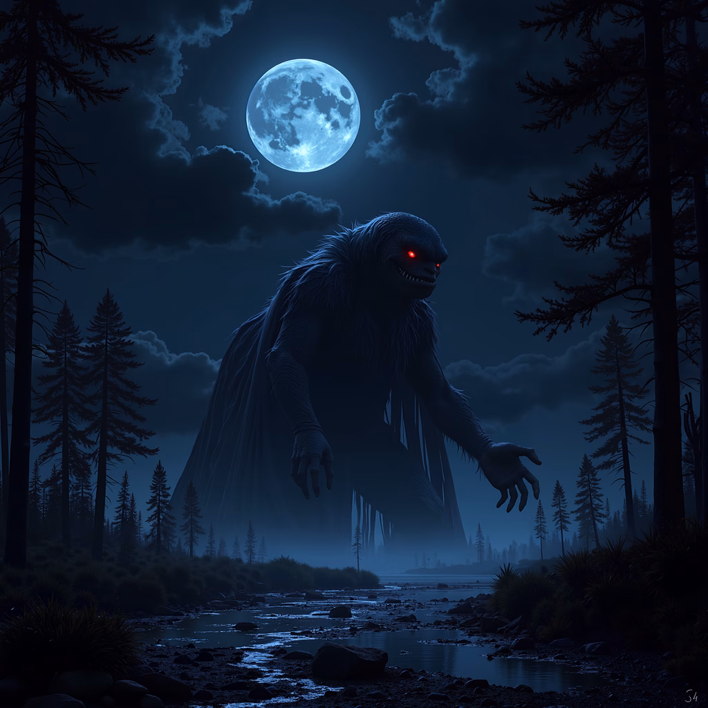 Eerie werewolf under a full moon in a dark forest.