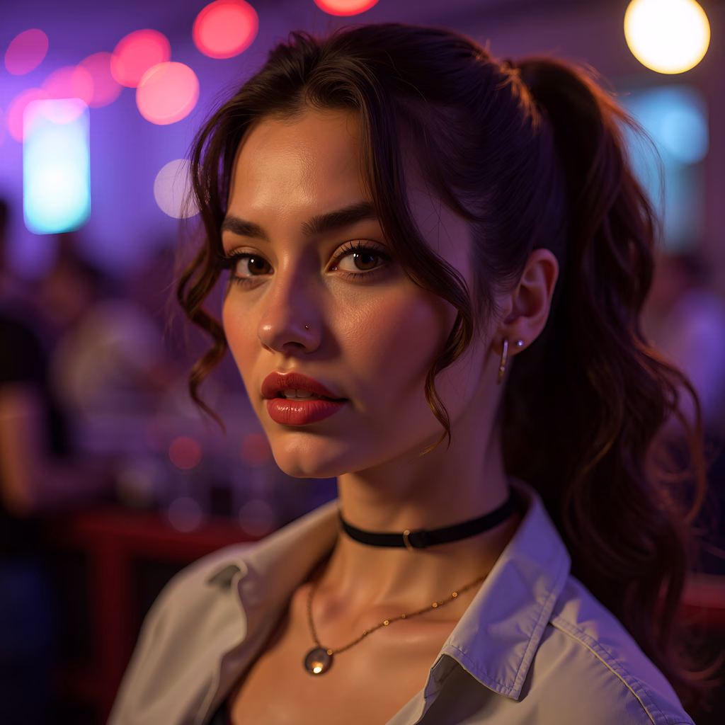 A captivating portrait of a woman in a vibrant nightclub setting, featuring warm tones and bold accessories.