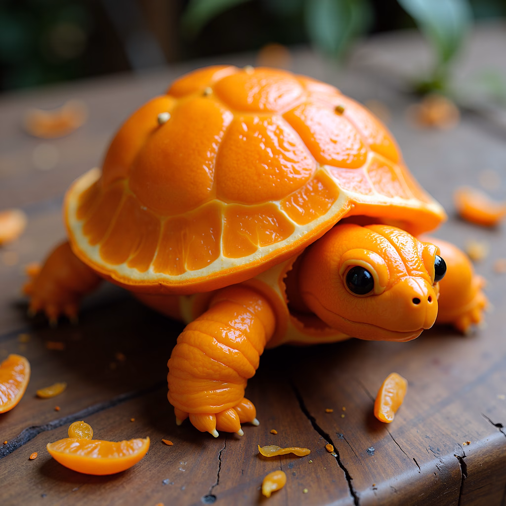 Whimsical orange turtle made from fruit slices, vibrant and playful.