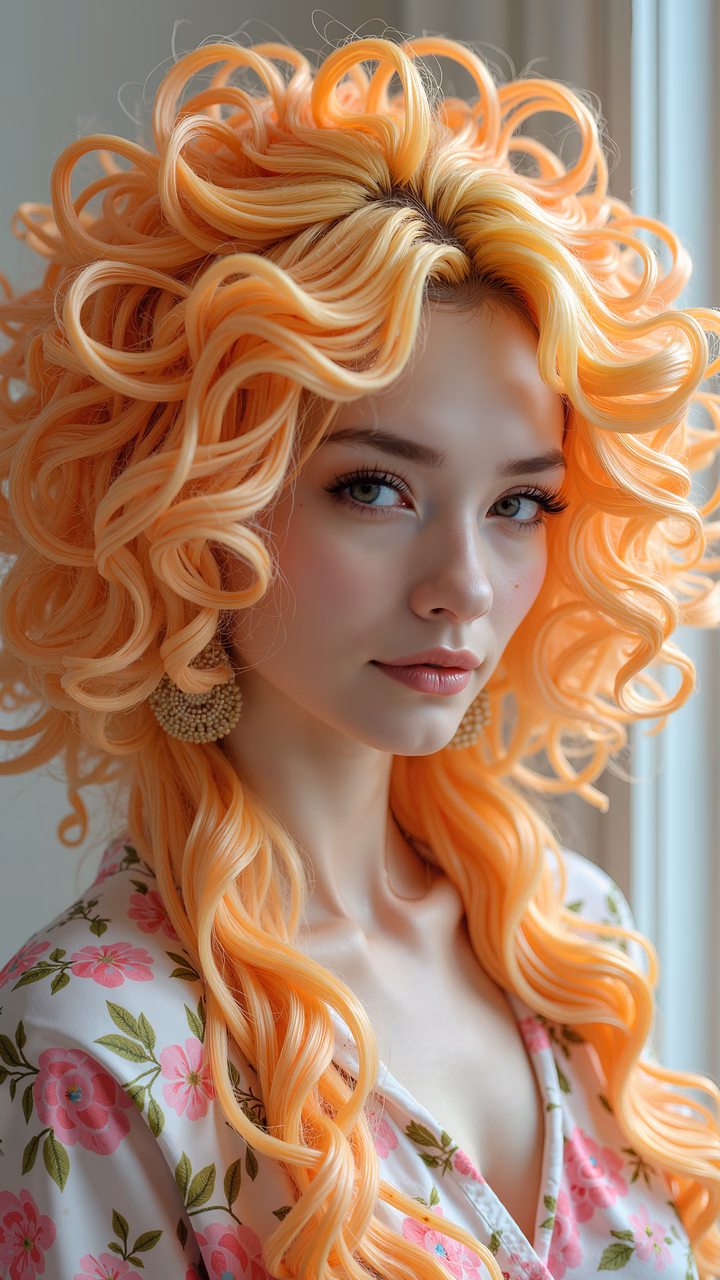A pastel-colored portrait of a woman with curly hair and floral attire, evoking a dreamy aesthetic.