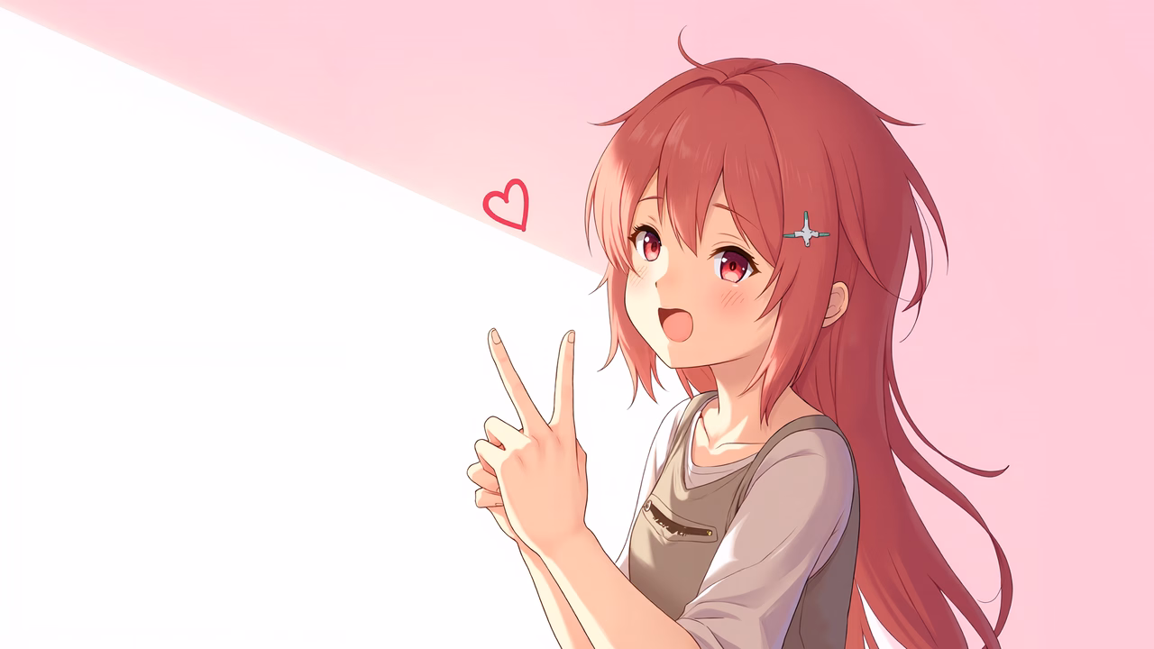 A cheerful anime girl making a peace sign against a soft pink and white background.