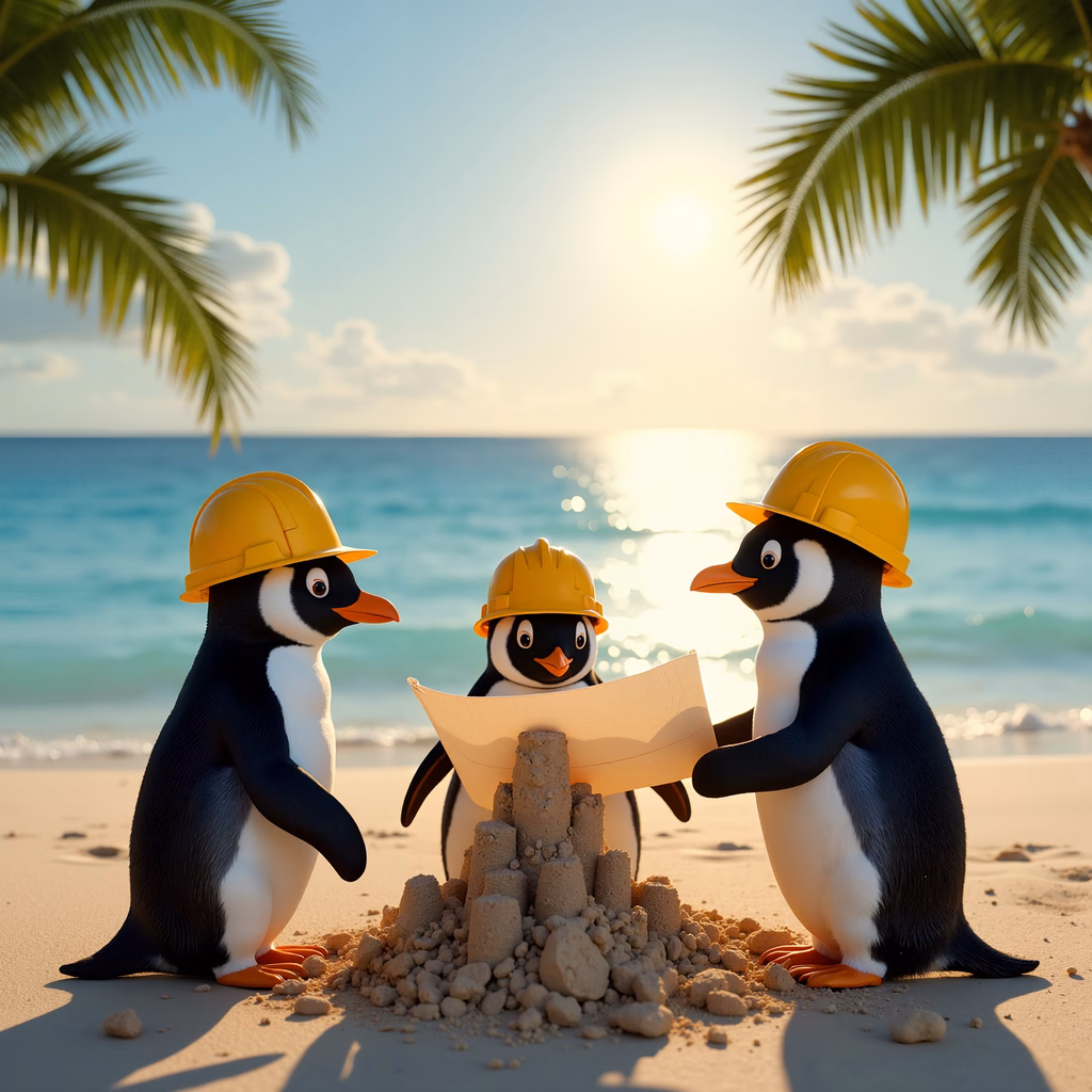 Three penguins building a sandcastle on a sunny beach, wearing construction helmets.