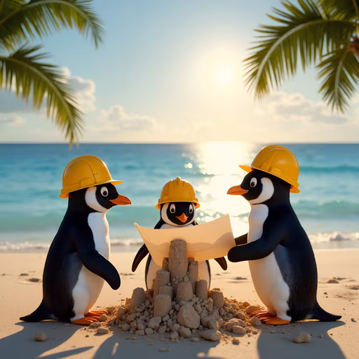 Penguins Building Sandcastles