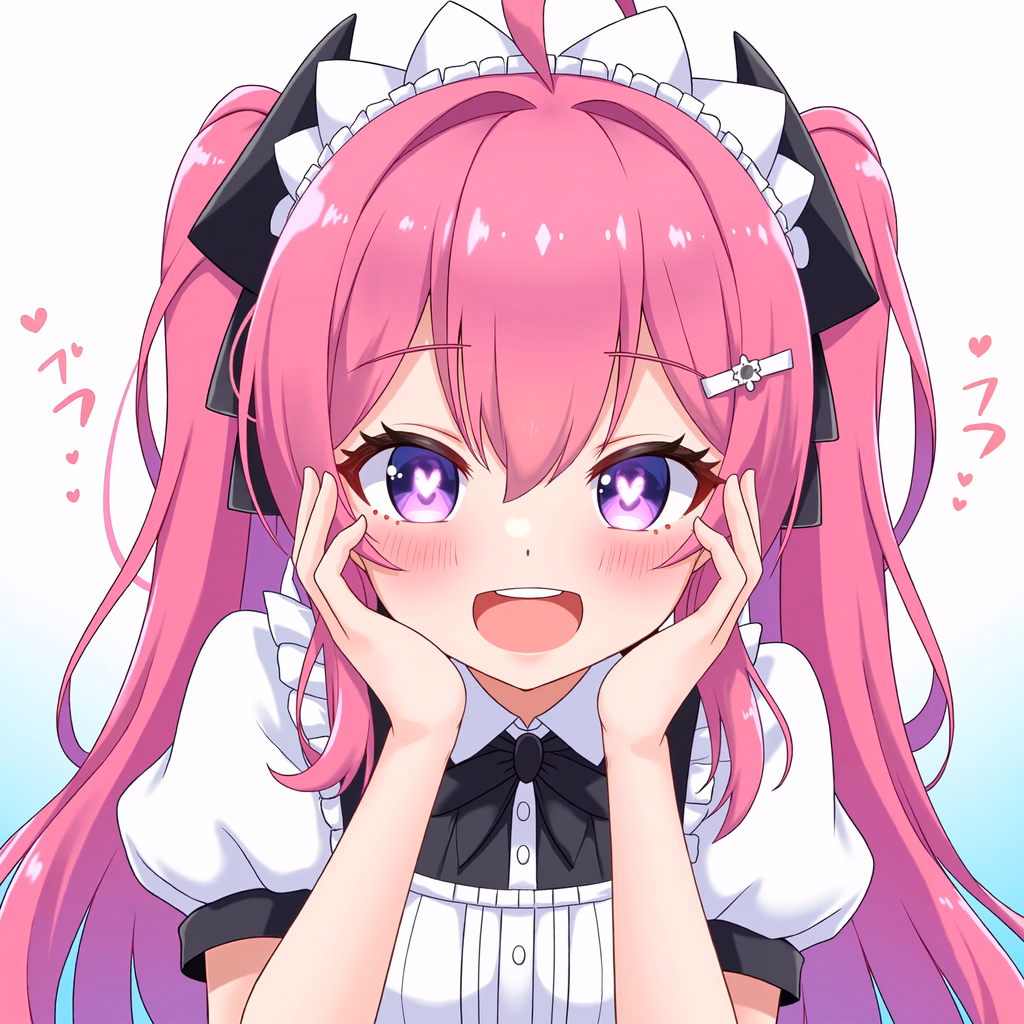 A cute anime girl in a maid outfit with heart-filled eyes and playful expressions.