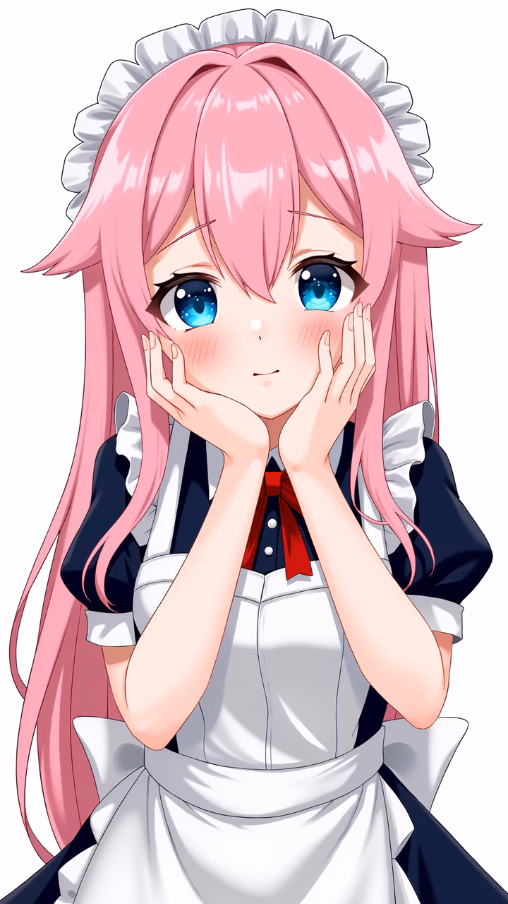 A cute anime maid with pink hair and expressive eyes, creating a serene and innocent vibe.