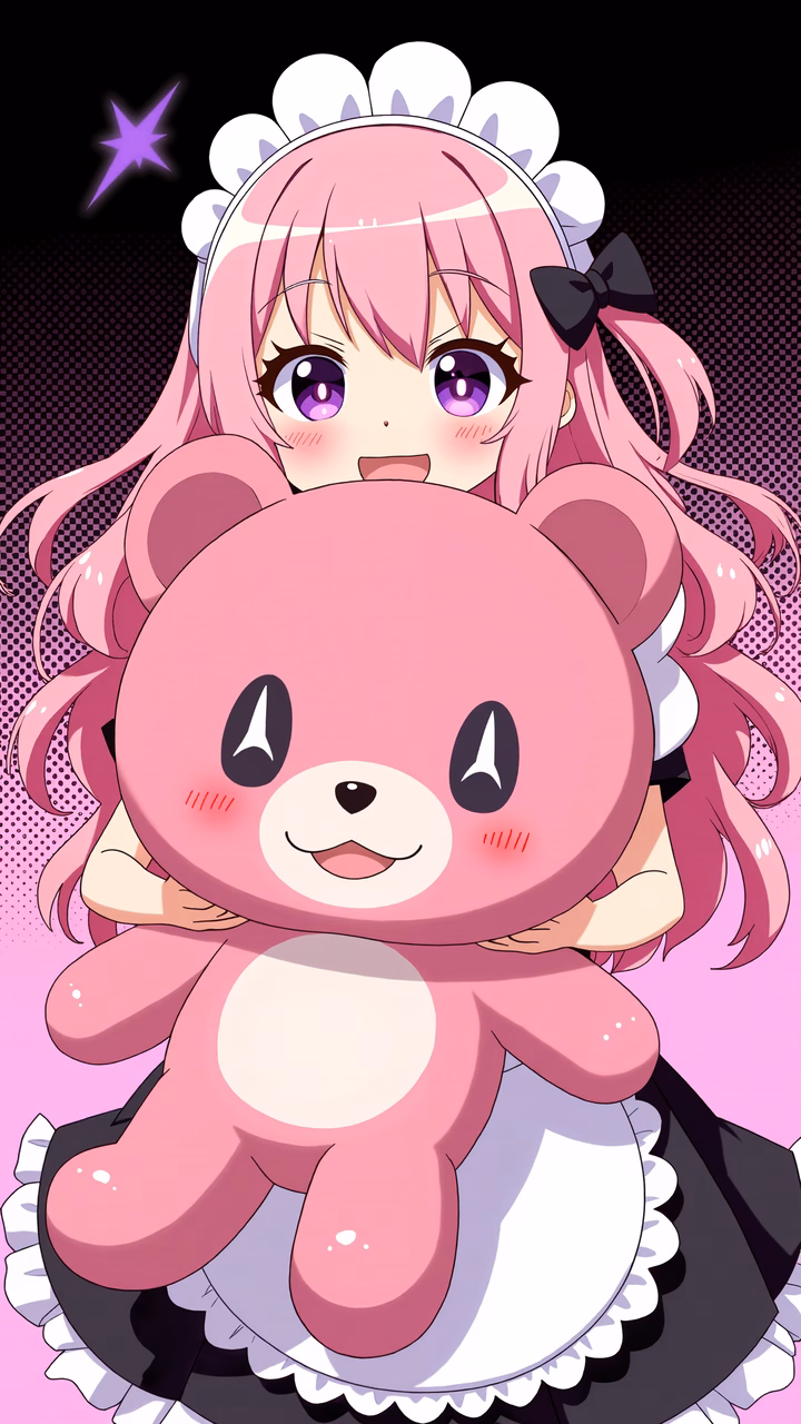 Cute anime girl in maid outfit holding a pink teddy bear, vibrant background.