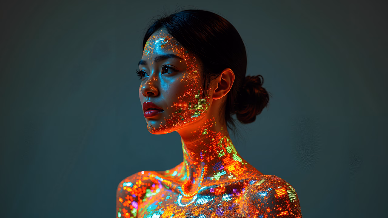 Vibrant pixelated portrait of a woman in a futuristic digital art style.