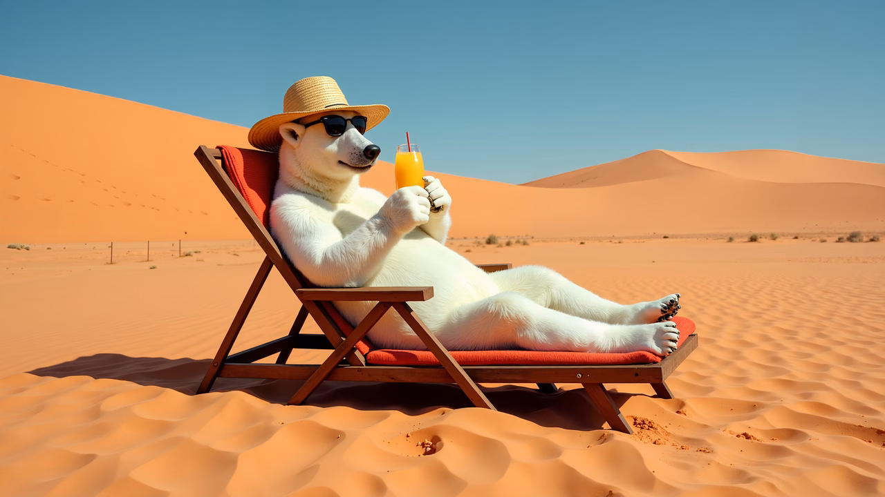 A polar bear chilling in the desert with a drink!