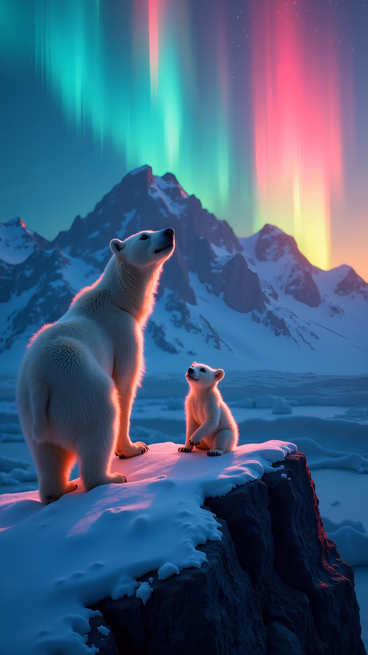 Two polar bears under the aurora borealis, a serene winter scene.