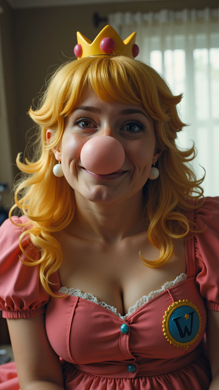 Princess Peach cosplay in a cozy indoor setting, vibrant pink dress, playful pink nose, gold crown, lighthearted and fun atmosphere.