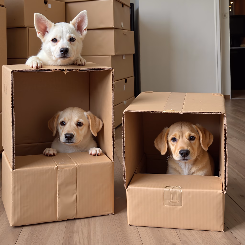 Cute puppies in cardboard boxes, playful and cozy.