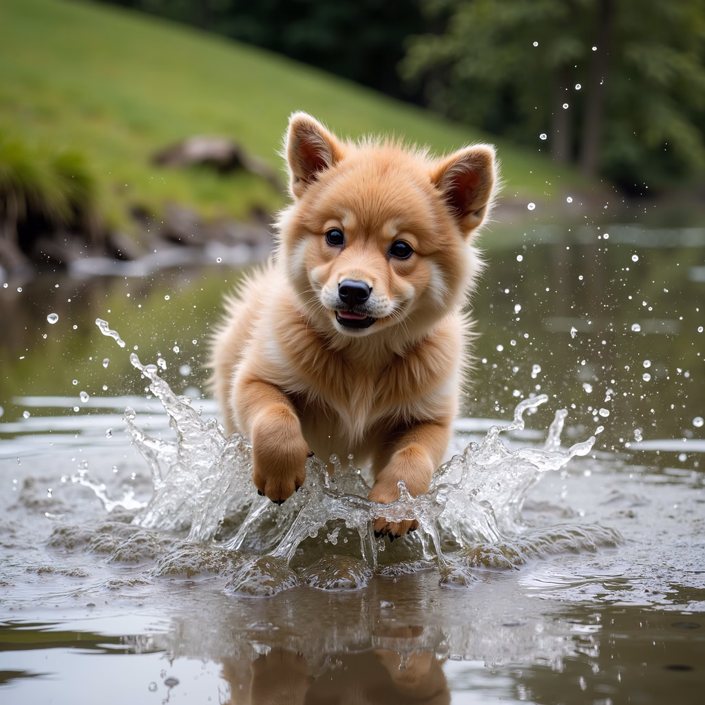 A playful puppy running through water in a vibrant outdoor setting.