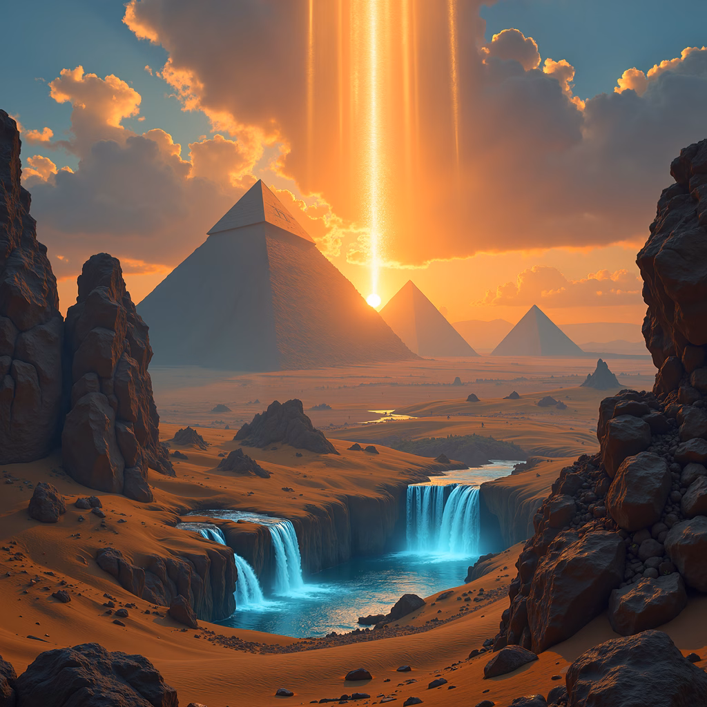 Sunset over pyramids with cascading waterfalls and rugged cliffs.
