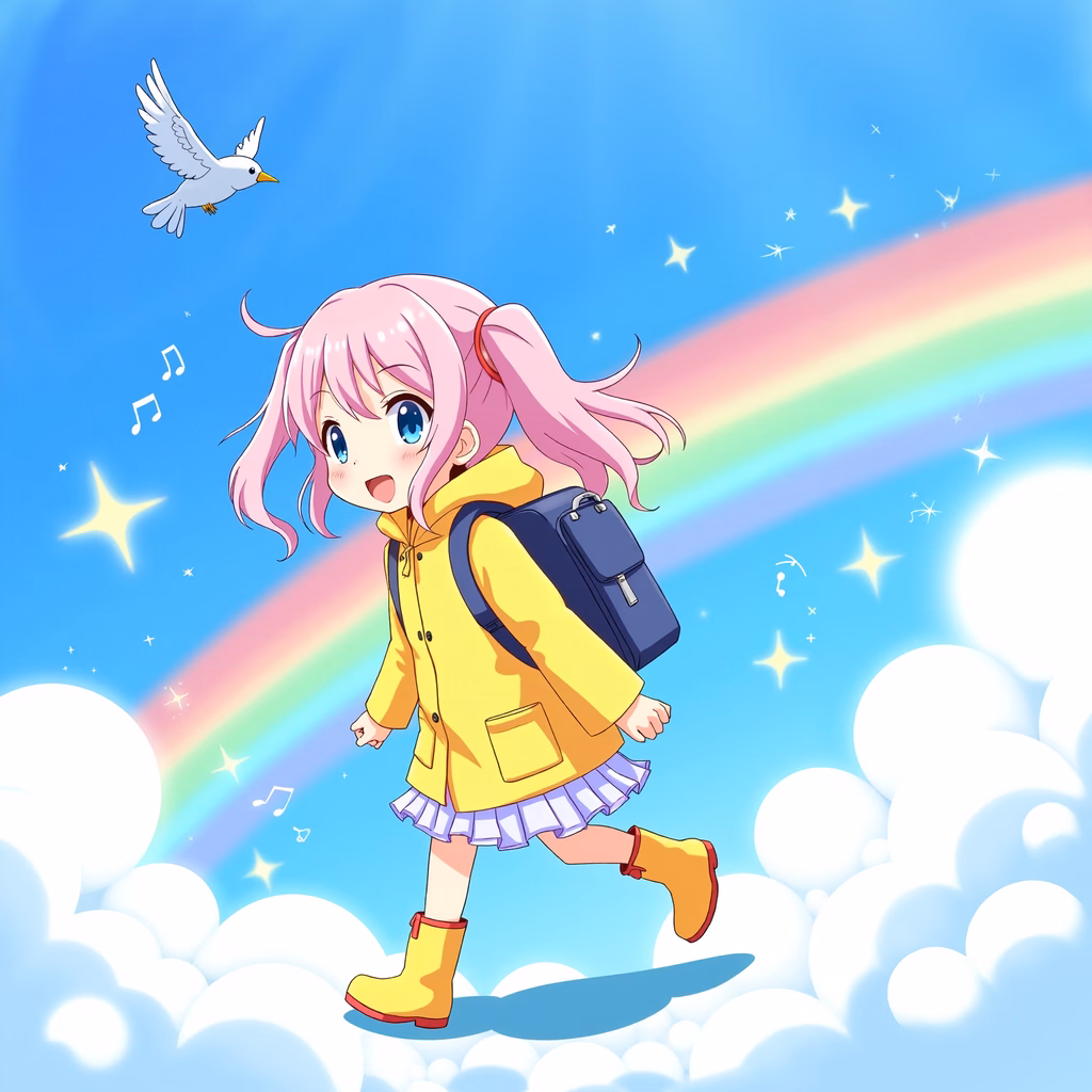 A cute anime girl exploring a dreamy sky with a rainbow and stars.