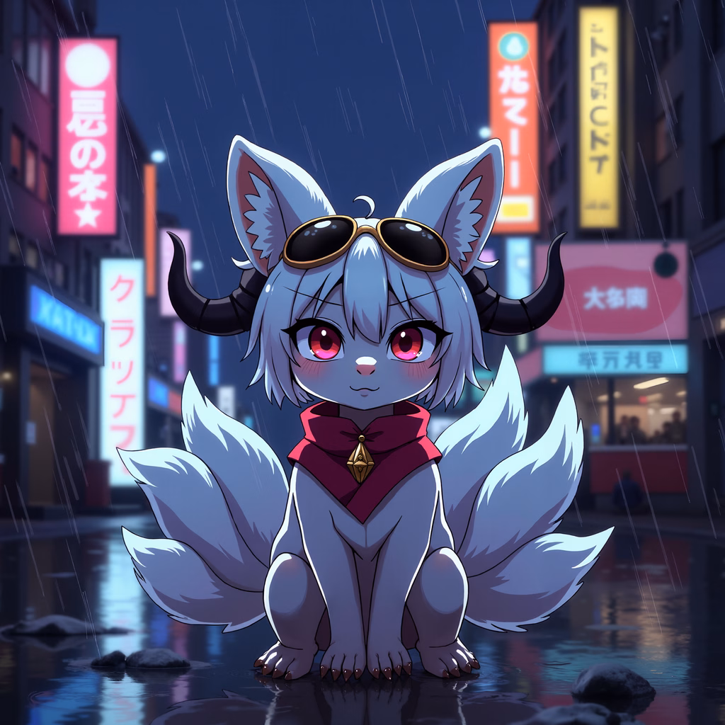 Cute fox under neon lights in a rainy night cityscape.