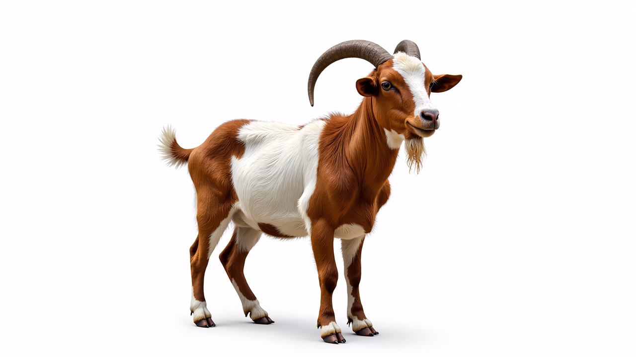 Realistic close-up of a goat on a white background.