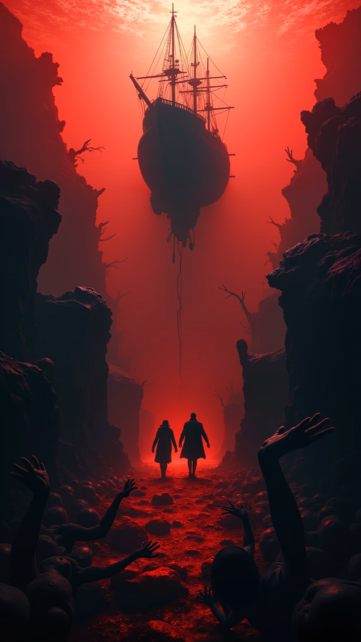 Two figures in a dark red abyss with ghostly ships and floating hands.