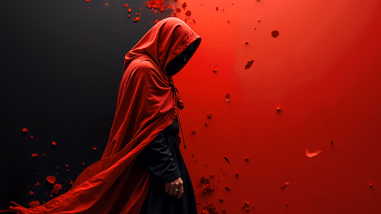 Mysterious figure in red cloak against black backdrop with scattered petals.