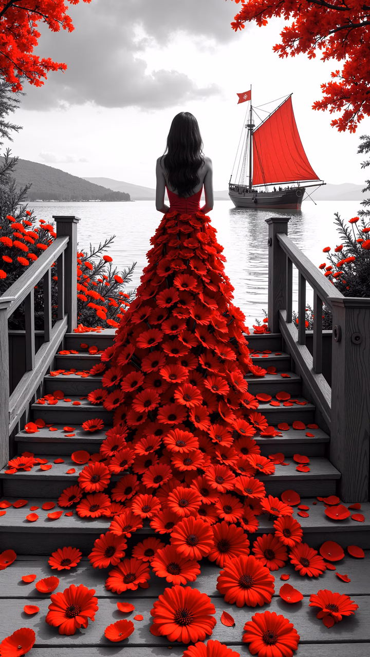 Woman in floral dress overlooking lake with sailboat, vibrant red tones, romantic atmosphere.