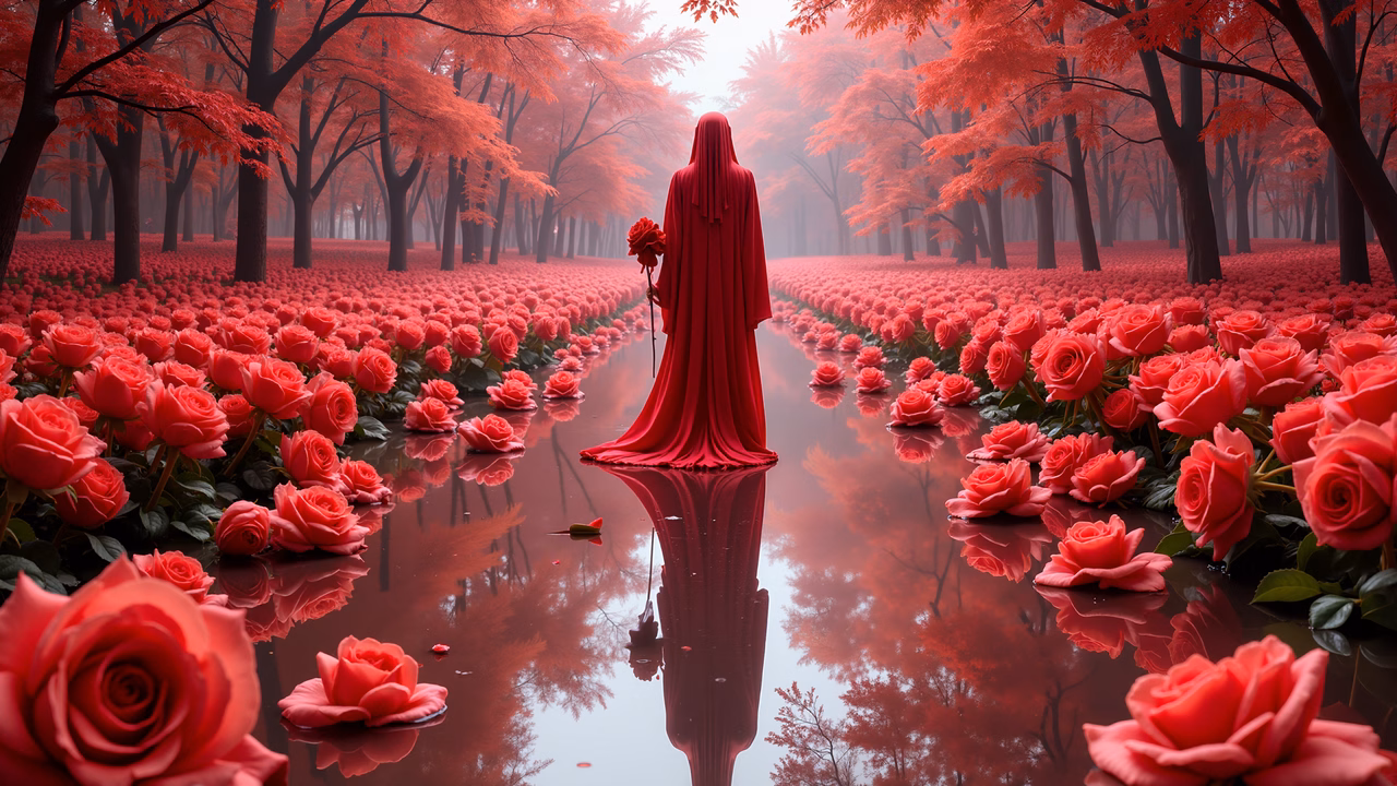 Solitary figure in red robe amidst pink roses, ethereal light, surreal landscape.