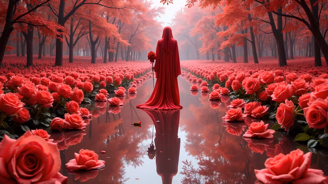 Red Robed Figure Amongst Roses