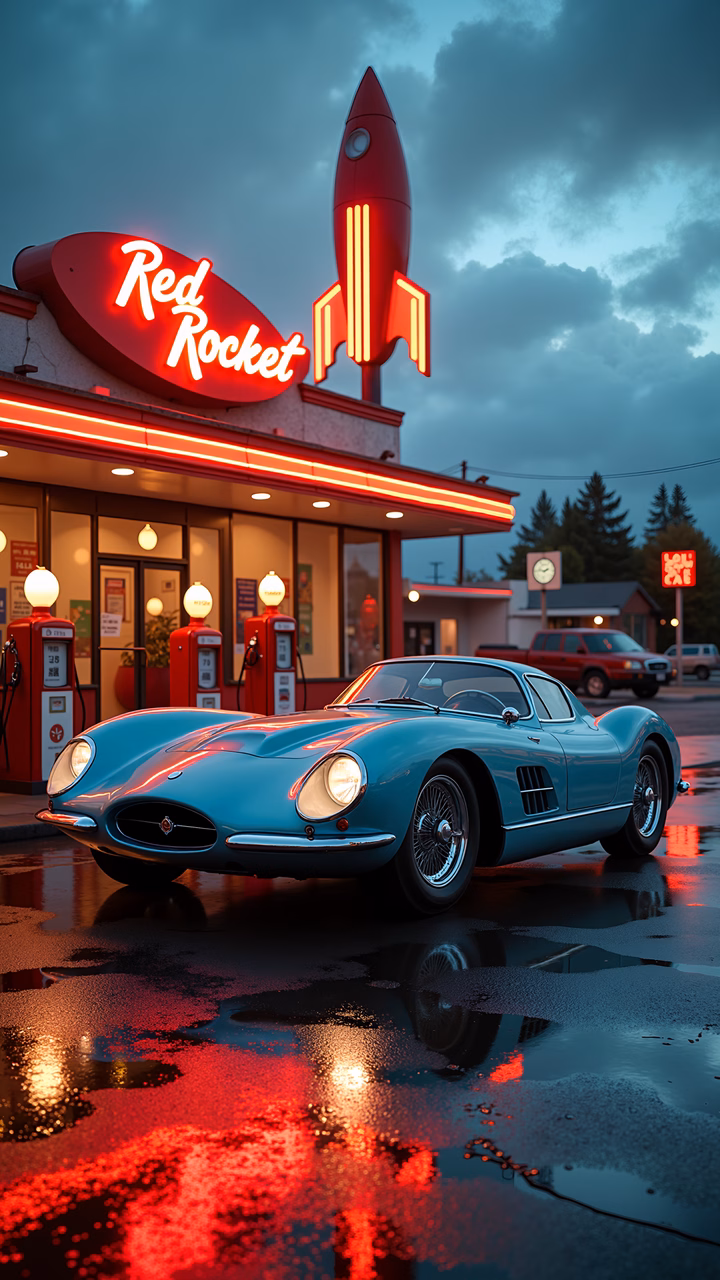 Vintage car parked at Red Rocket diner under neon lights, evoking nostalgia and Americana.