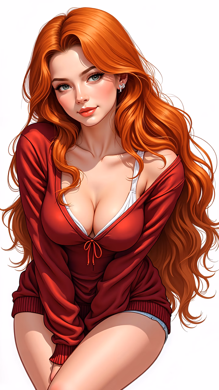 Vibrant red sweater illustration featuring a confident woman with long hair.
