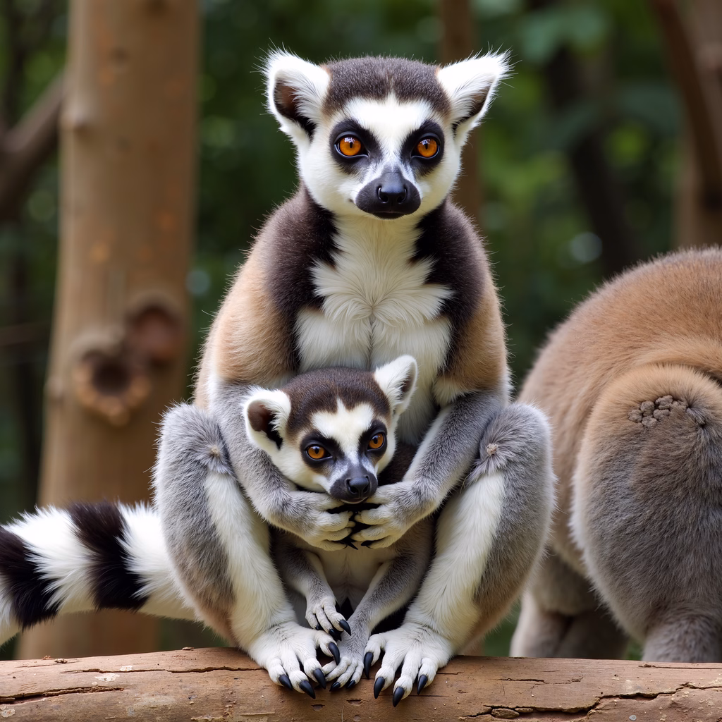 Close-up of ring-tailed lemurs with striking orange eyes and striped tails in a natural setting.