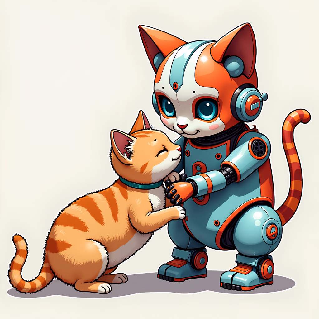 A heartwarming illustration of a robot cat and a kitten sharing a tender moment.