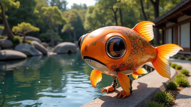 Robot Goldfish in a Serene Garden
