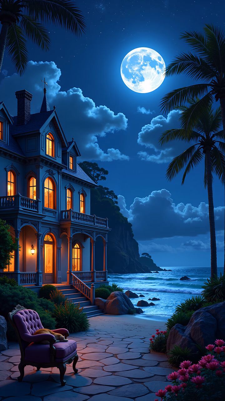 Romantic Victorian house by the sea under a full moon.