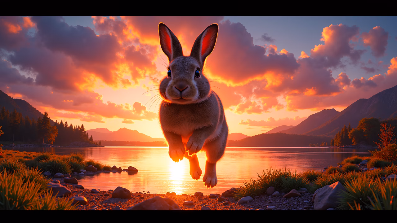 Whimsical rabbit leaping against a stunning sunset backdrop.