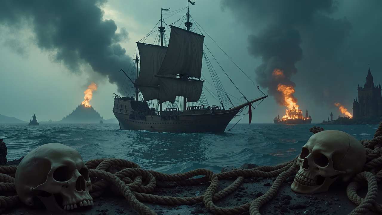 A sailboat in a stormy sea with burning islands and skulls in the foreground.