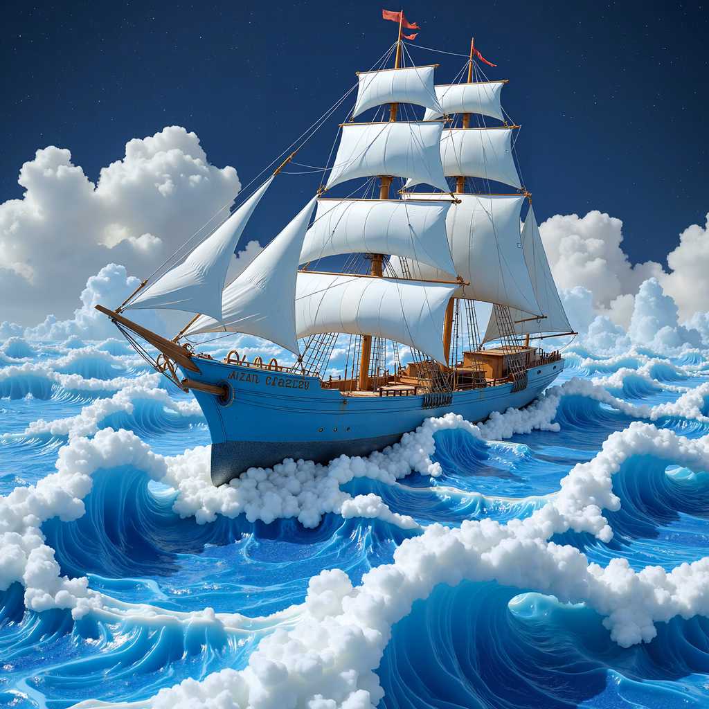 A bold sailing ship conquers stormy seas under a moonlit sky.