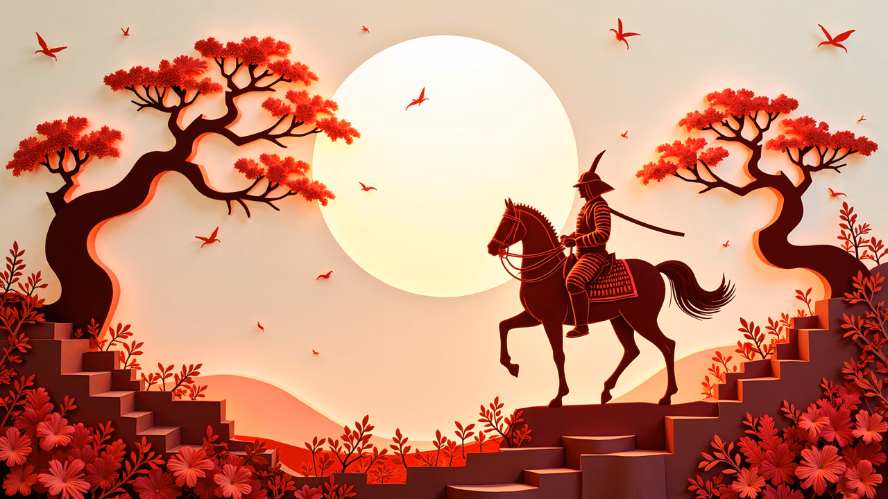 A samurai on horseback under a full moon, surrounded by vibrant reds and oranges.