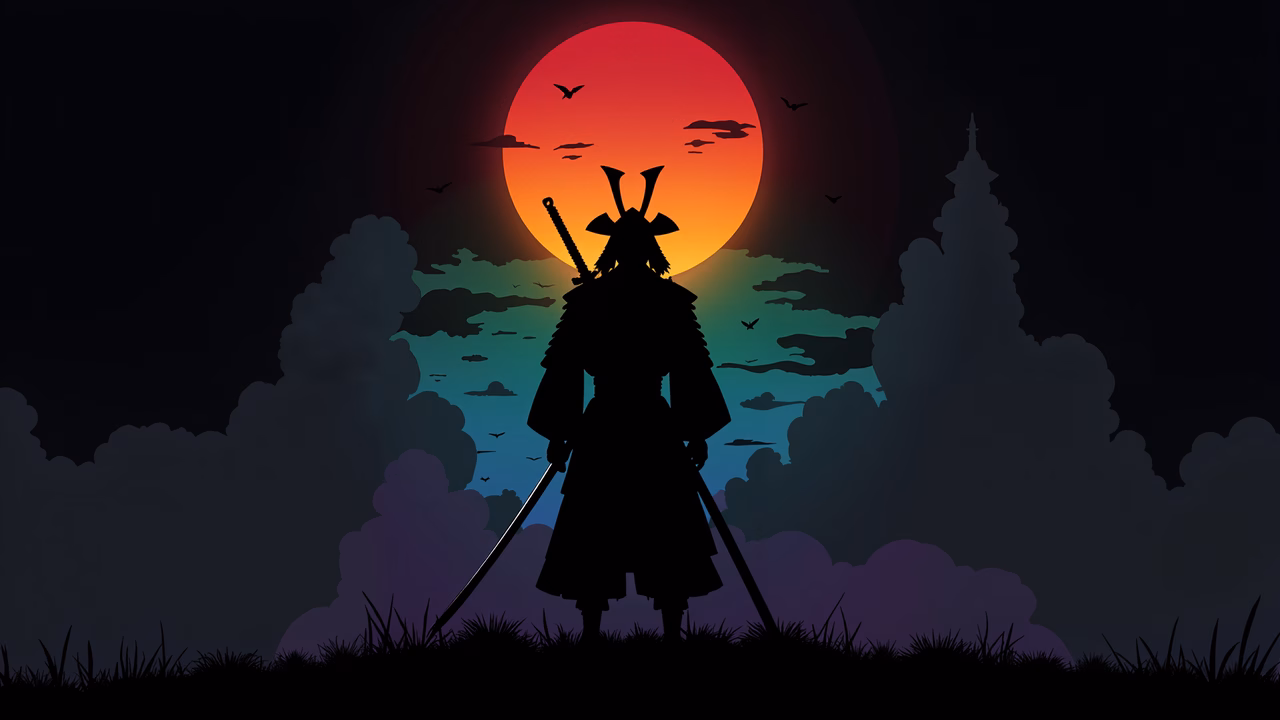 Silhouette of a samurai warrior against a colorful sunset, blending tradition with nature.