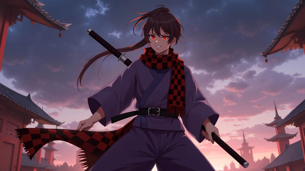 A samurai warrior in traditional attire, standing with a katana under a dramatic sky.