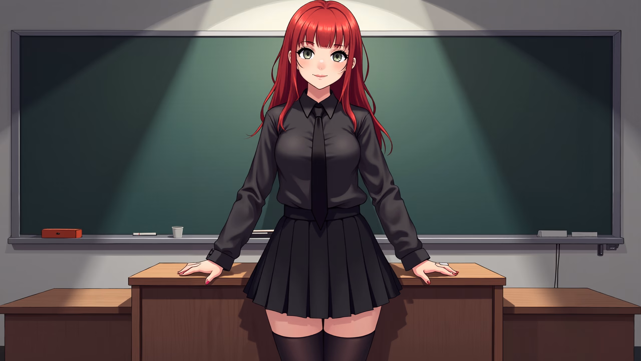 Confident schoolgirl in a classic uniform standing in a classroom setting.