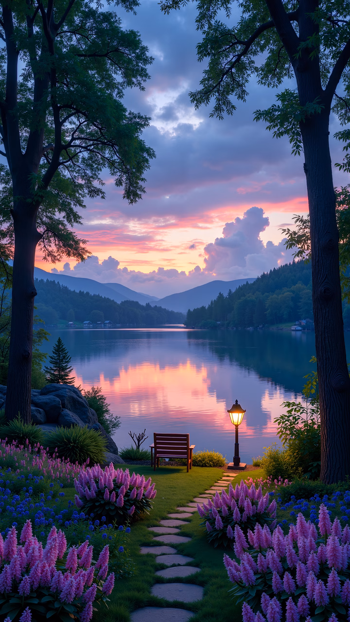 A peaceful lakeside sunset with vibrant colors and lush greenery.