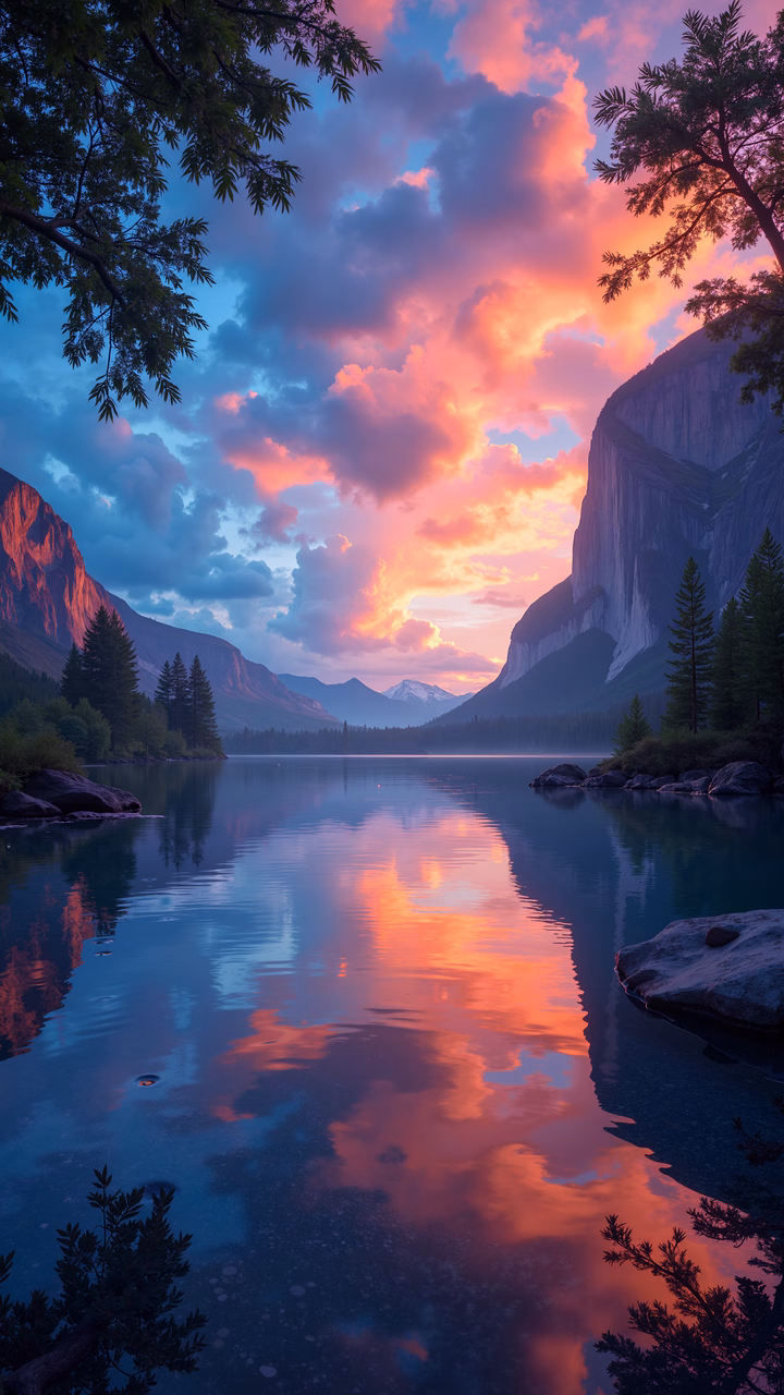 A breathtaking sunset reflected in a serene lake surrounded by majestic cliffs and trees.