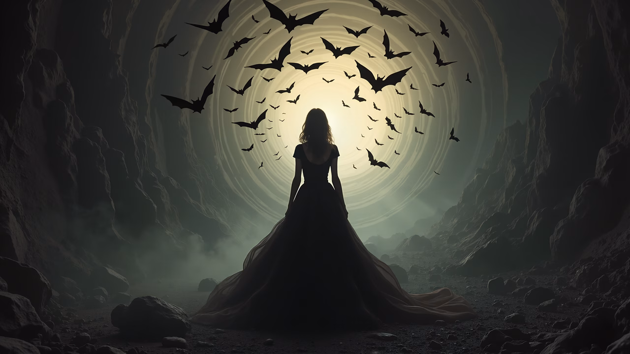 Silhouette of a woman in a cave, surrounded by bats, creating a mysterious and solitary atmosphere.