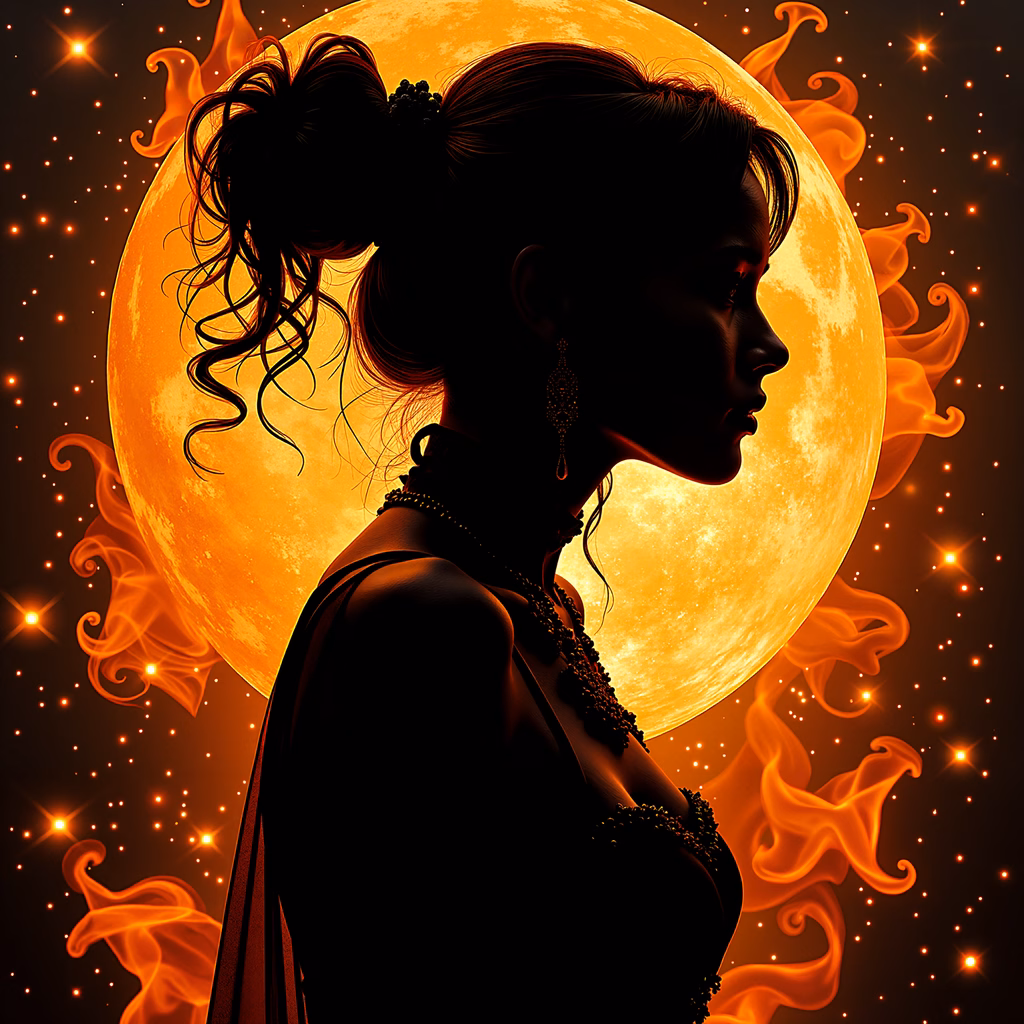 Mystical silhouette of a woman against a glowing moon, surrounded by flames and stars.