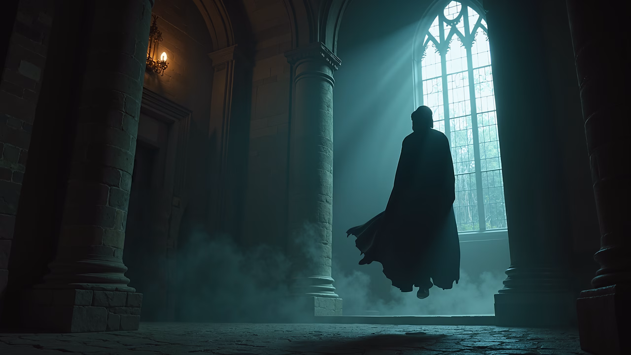 Mysterious silhouette in gothic architecture with light beams and mist