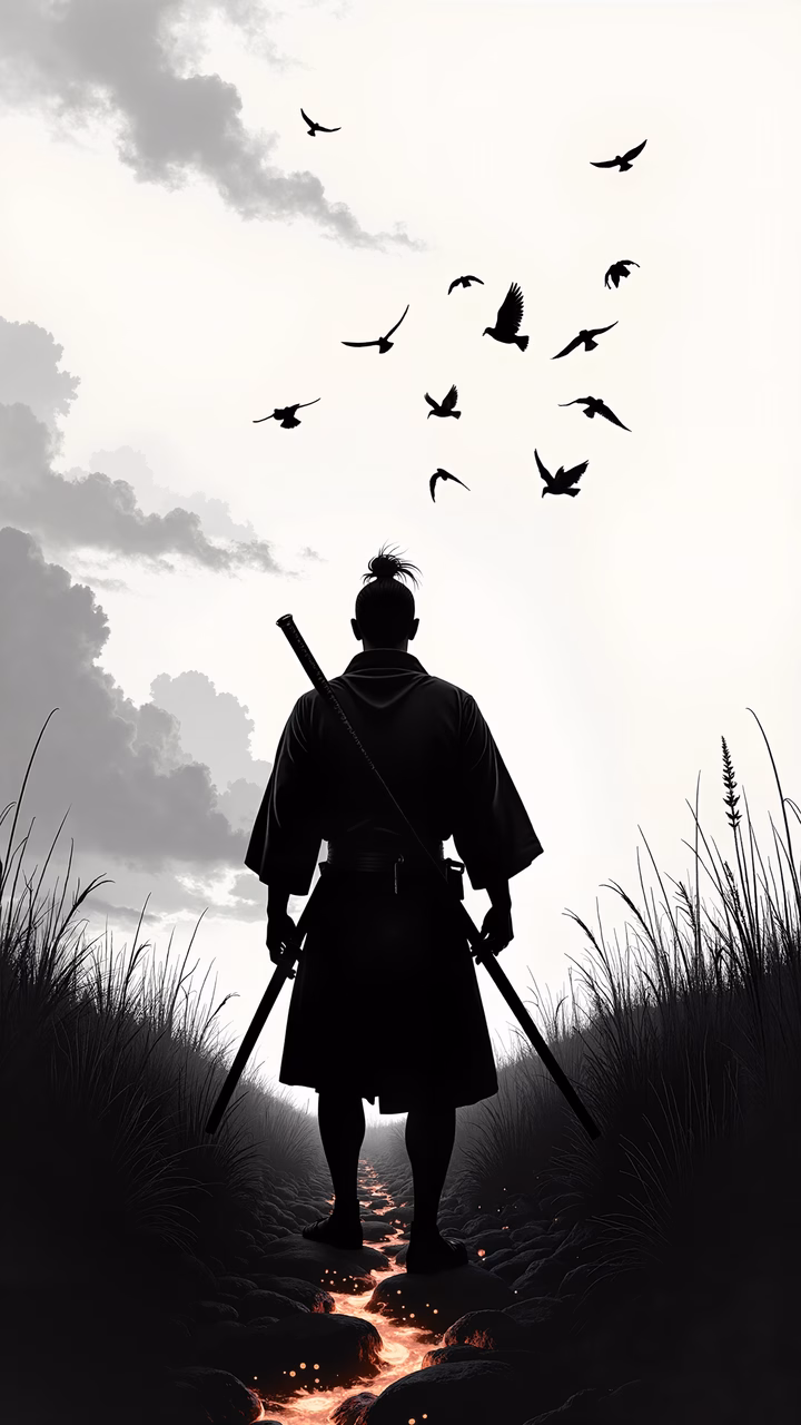 Silhouette Samurai: A lone samurai stands on a rocky path, holding swords under a cloudy sky with flying birds.