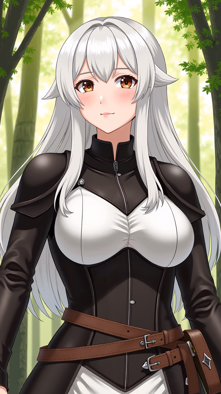 A silver-haired warrior in a forest setting, blending fantasy and adventure.