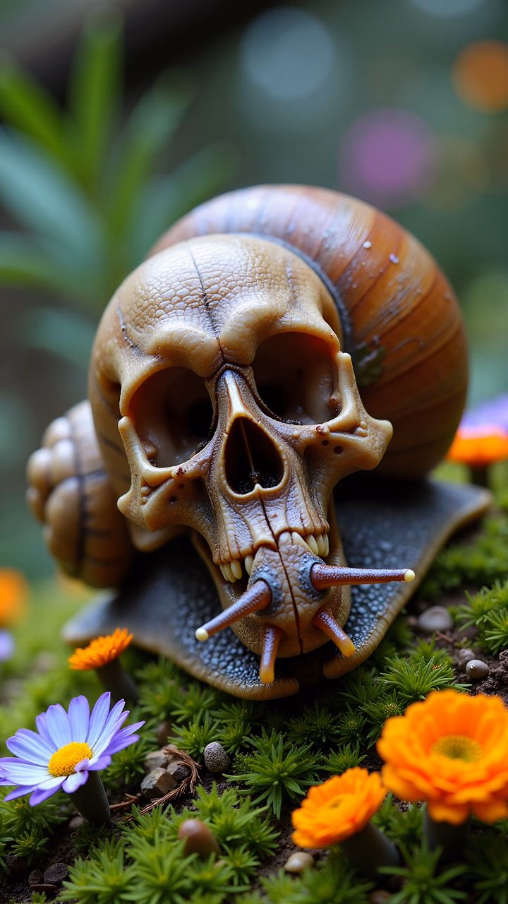 A surreal snail with a skull head, blending organic textures and stark contrasts.