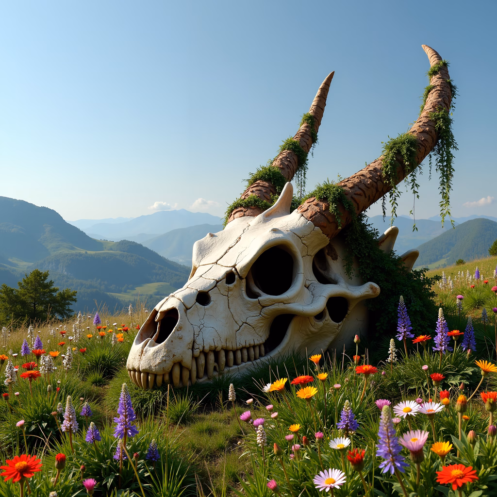 Surreal skull with moss-covered horns amidst a colorful floral landscape under a clear sky.