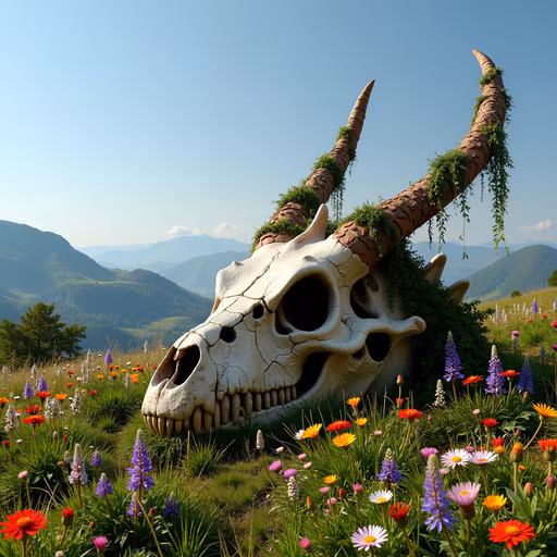 Skull with Horns in a Floral Landscape