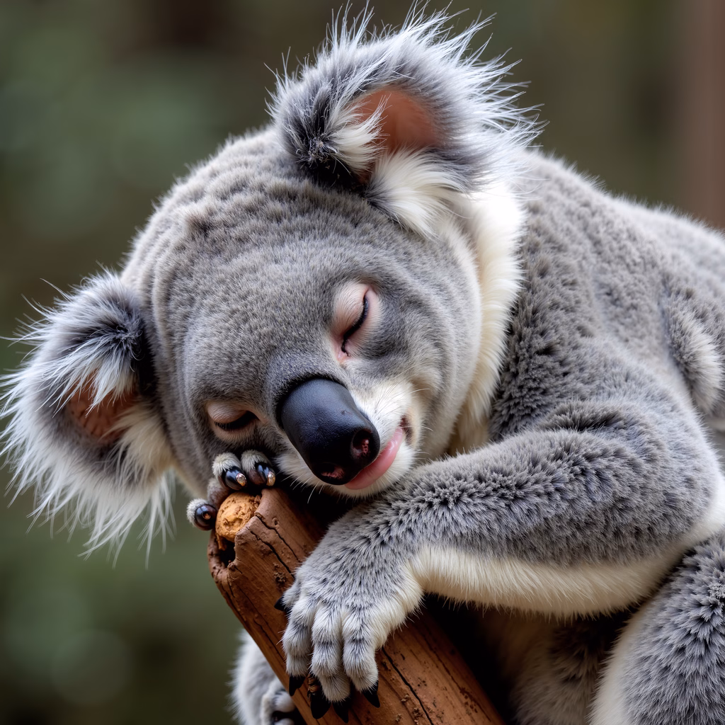 A cute koala sleeping on a tree branch, showcasing its soft fur and peaceful demeanor.